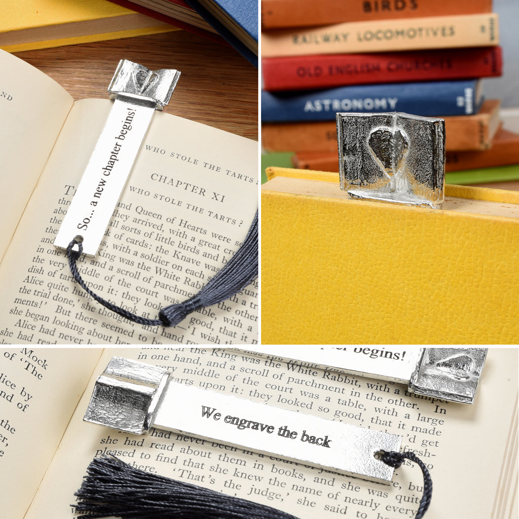 A personalised engraved pewter metal bookmark with a heart on an open book on the top. On the front the quotation 'So... a new chapter begins'. New chapter gifts, personalised gifts, new job gifts. We engrave the back with your message