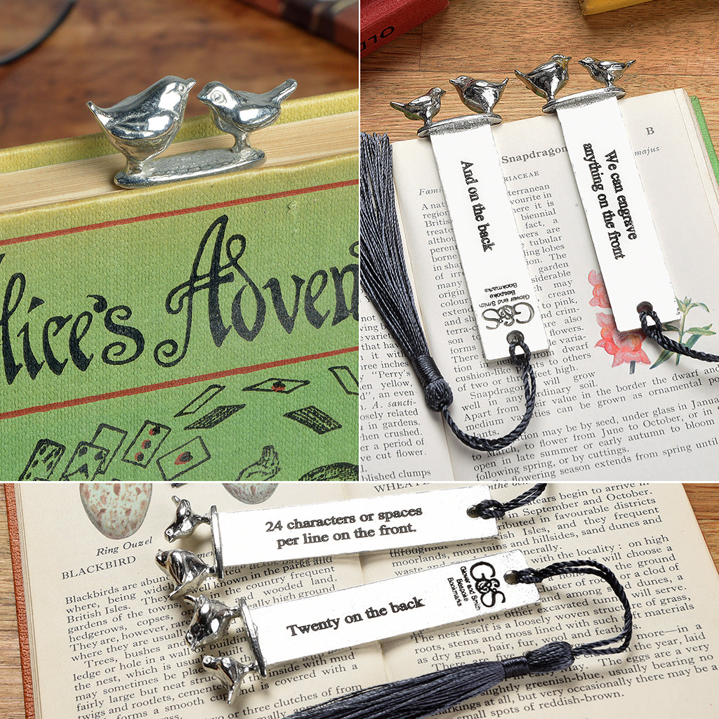 A personalized engraved pewter metal bookmark with a wren and a robin on the top. We can engrave the front and the back with your own personalised messages. Unique gifts. Ideal 10th tin wedding anniversary gift. Our pewter is 95% tin.