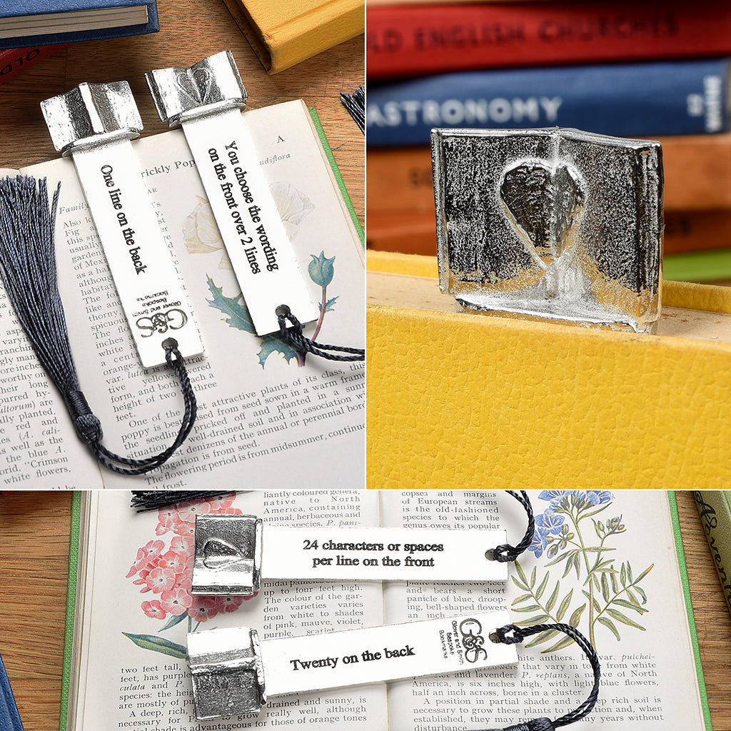 A personalized engraved pewter metal  bookmark with a heart on an open book on the top. We can engrave the front and the back with your own personalised messages. Unique gifts. Ideal 10th tin wedding anniversary gift. Our pewter is 95% tin.