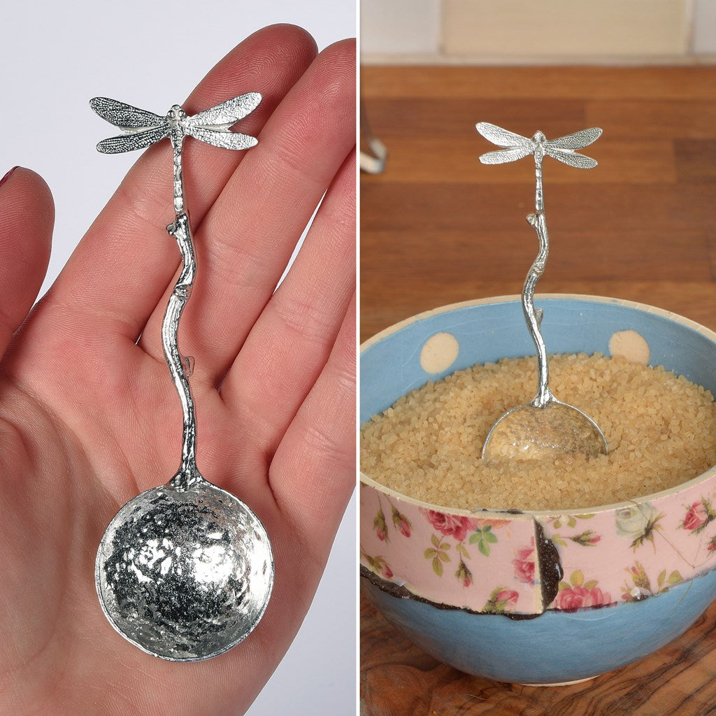 A small spoon pewter sugar spoon with a dragonfly on the end of a twig handle. Unusual, useful and tactile dragonfly gifts handmade in the UK