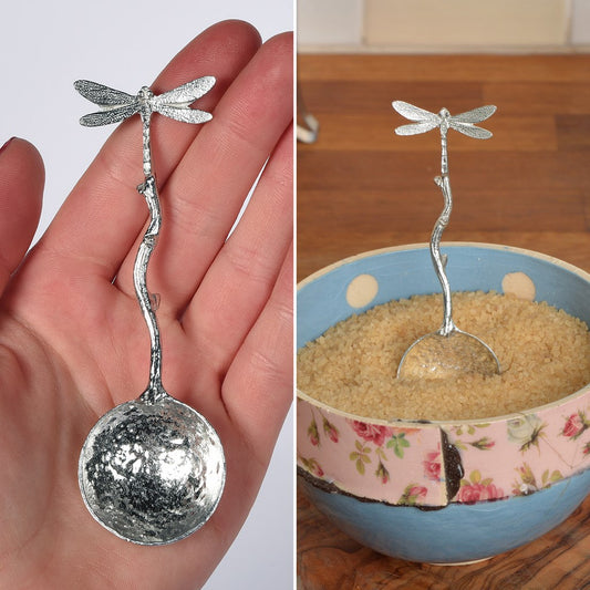 A small spoon pewter sugar spoon with a dragonfly on the end of a twig handle. Unusual, useful and tactile dragonfly gifts  handmade in the UK