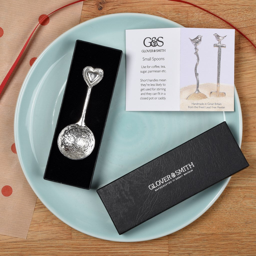 A small spoon pewter sugar spoon with 2 love hearts on the end. Our love spoon makes an ideal little love token or 10th tin wedding anniversary gift or small wedding gift.
