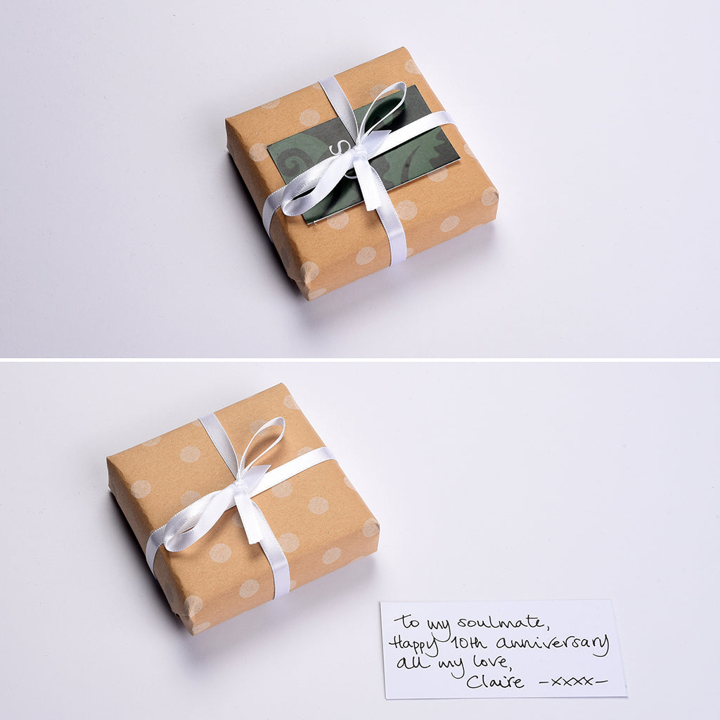 An example of gift wrapping at Glover and Smith, handmade pewter.
