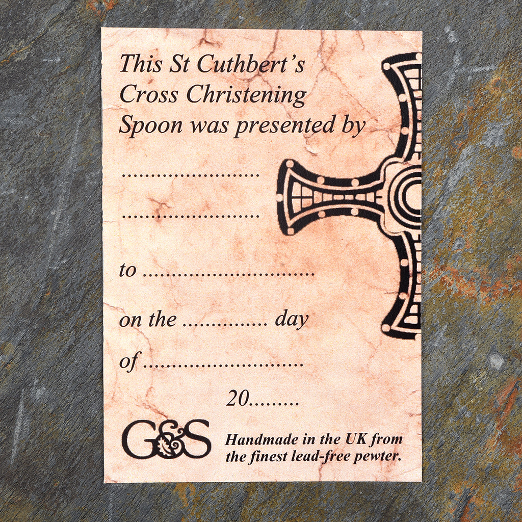 St Cuthbert's cross Christening spoon Certificate.