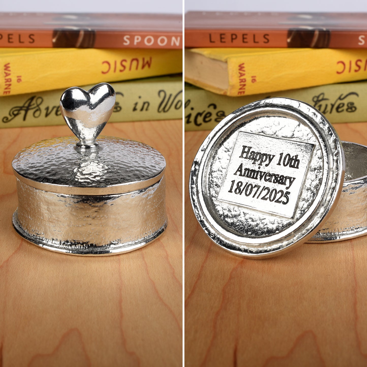Heart 10th wedding anniversary pewter personalised trinket box gift. Our round anniversary keepsake box features a heart sculpture as a handle. The underside of the lid can be engraved with your message. A perfect tin ten year anniversary gift (Our pewter is 95% tin)