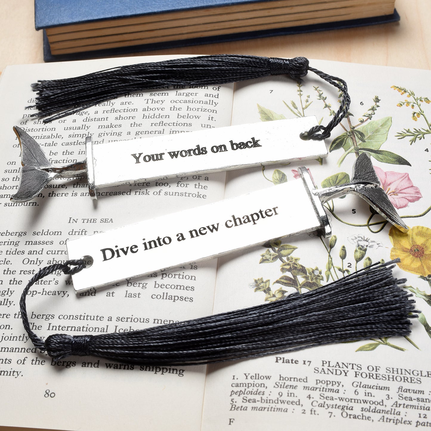 A personalised engraved pewter metal bookmark with a diving dolphin tail on the top. On the front the quotation 'Dive into a new chapter'. New chapter gifts, dolphin gifts, personalised gifts, new job gifts. We engrave the back with your message
