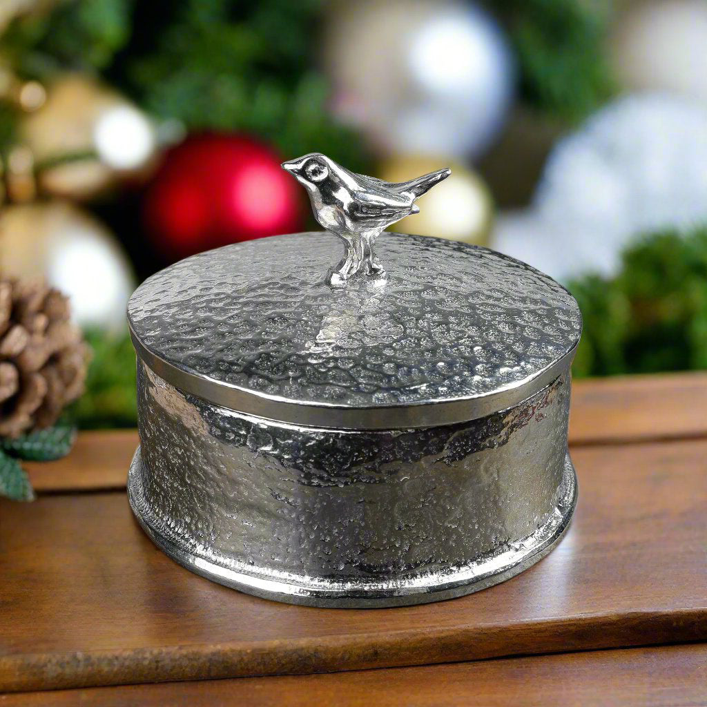 Robin pewter trinket box with personalised engraved underside of lid