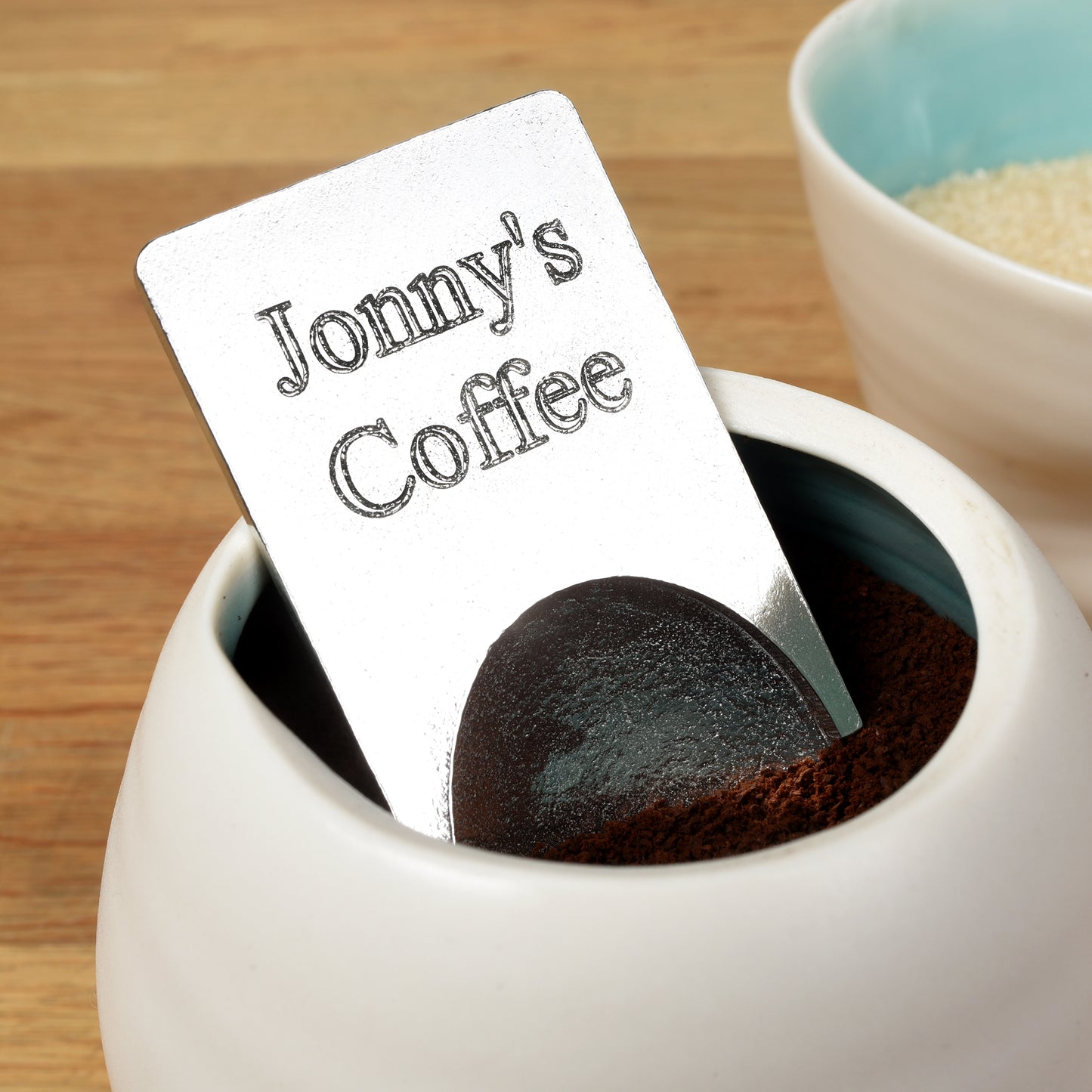 A personalised engraved pewter coffee measure scoop spoon, sugar spoon, tea caddy spoon. You decide the message engraved on the front