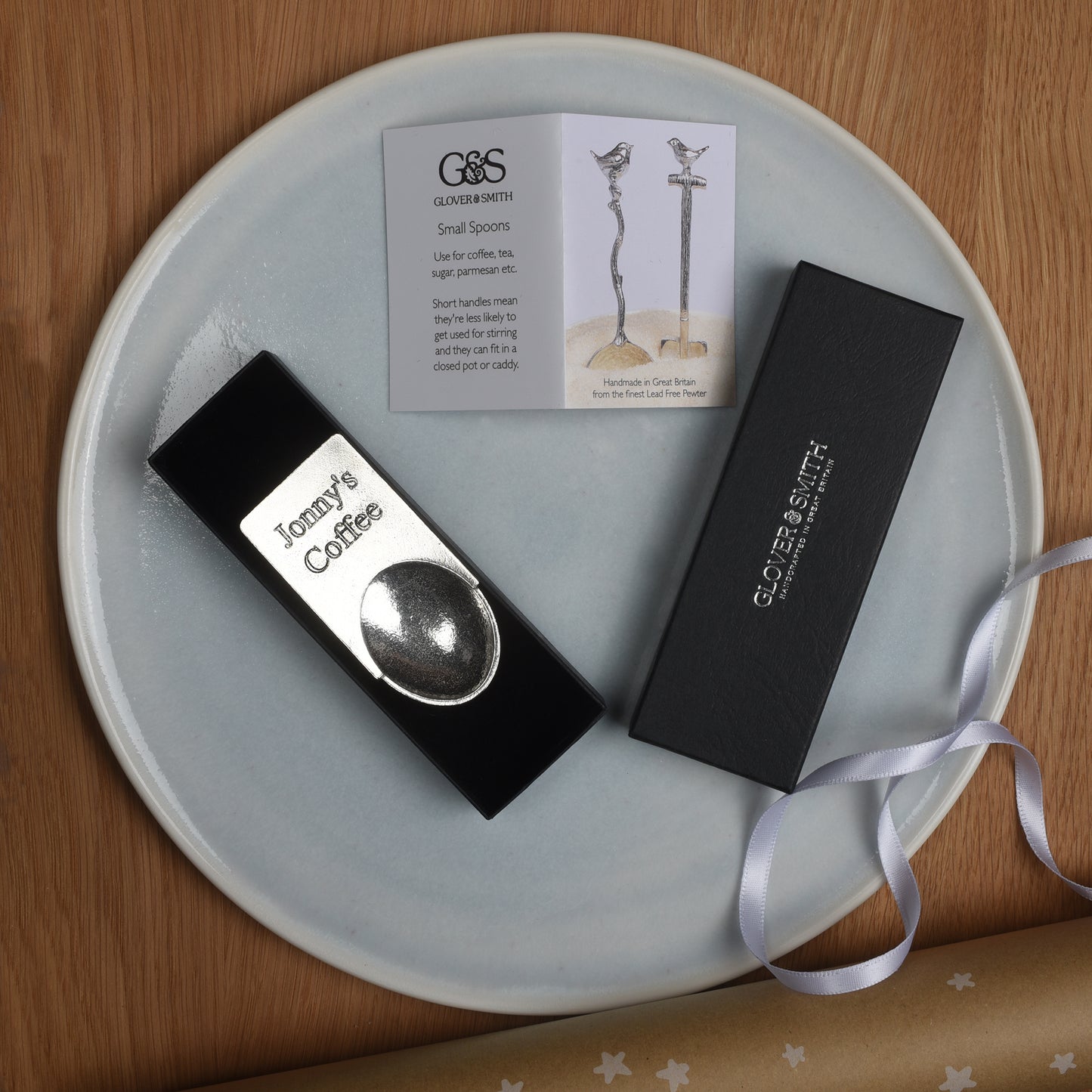 A personalised engraved pewter coffee measure scoop spoon, sugar spoon, tea caddy spoon. You decide the message engraved on the front