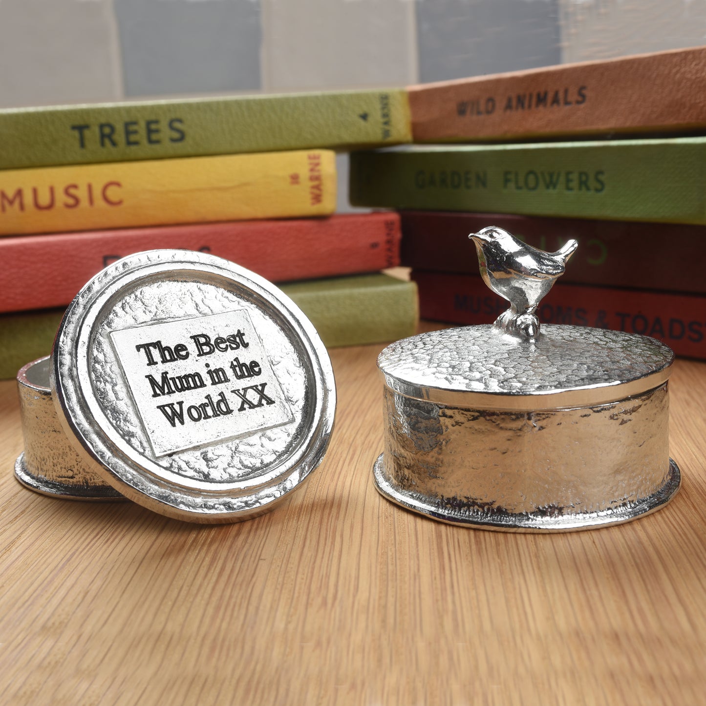 Personalised pewter trinket box with a wren bird on the lid. We engrave the back of the lid