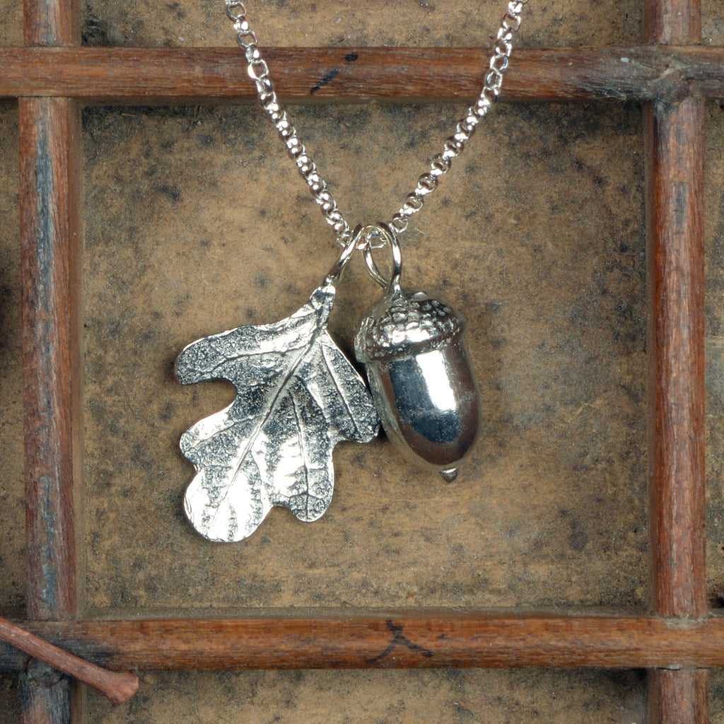 A pewter oak leaf and acorn necklace on a Sterling silver chain. UK handmade