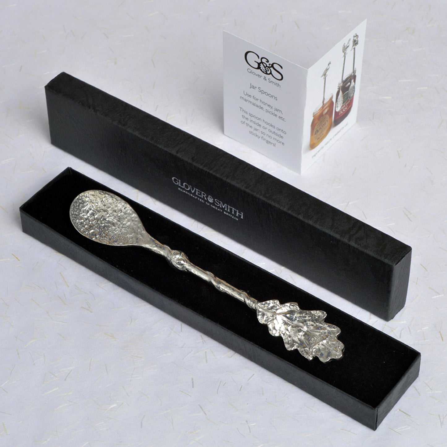 Oak leaf jam jar spoon. A long handled pewter spoon with a hook to hang from any jar with an oak leaf on the top. Useful, practical gifts to use every day. Oak gifts, gifts for nature lovers, UK handmade