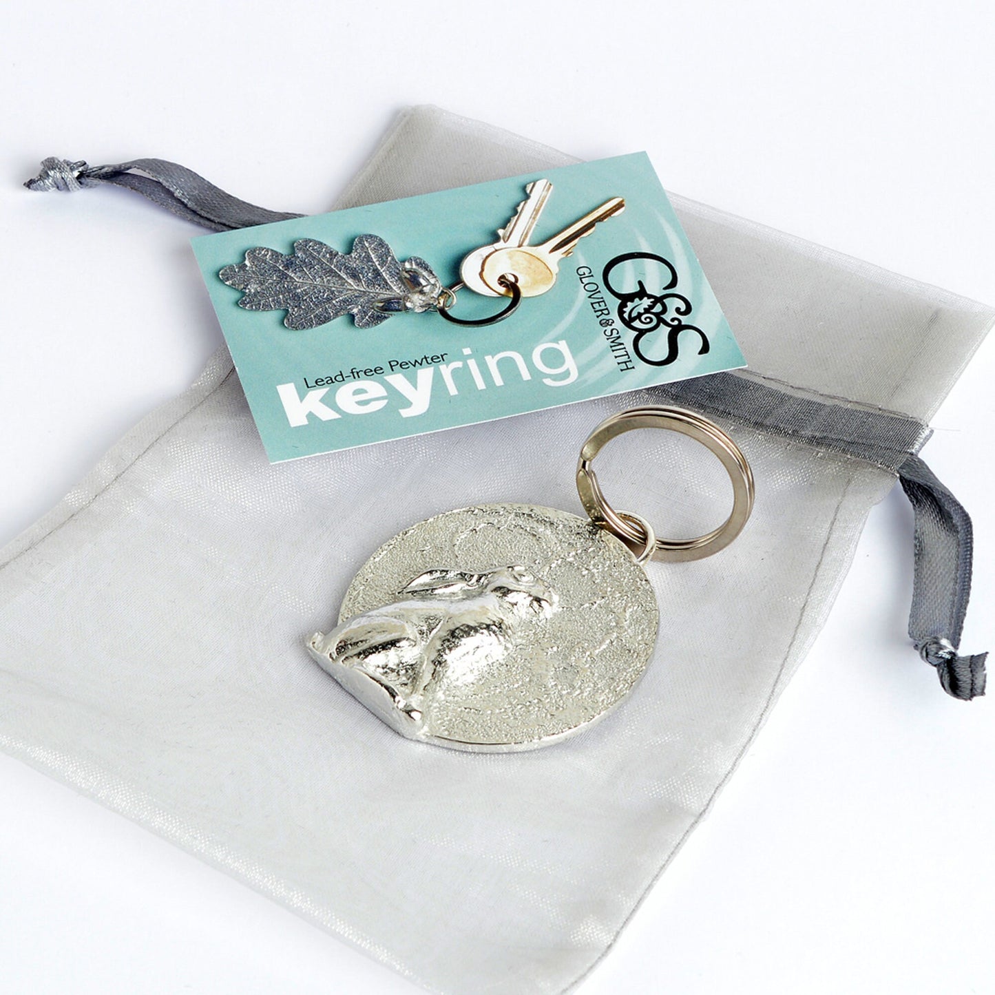 A hare gazes at a beautifully textured moon. Solid pewter hare keyring on a quality stainless steel ring. Hare gifts, gifts for hare lovers, Pewter keyring gifts. Housewarming gifts, moon staring hare keyring, moongazing hare gifts