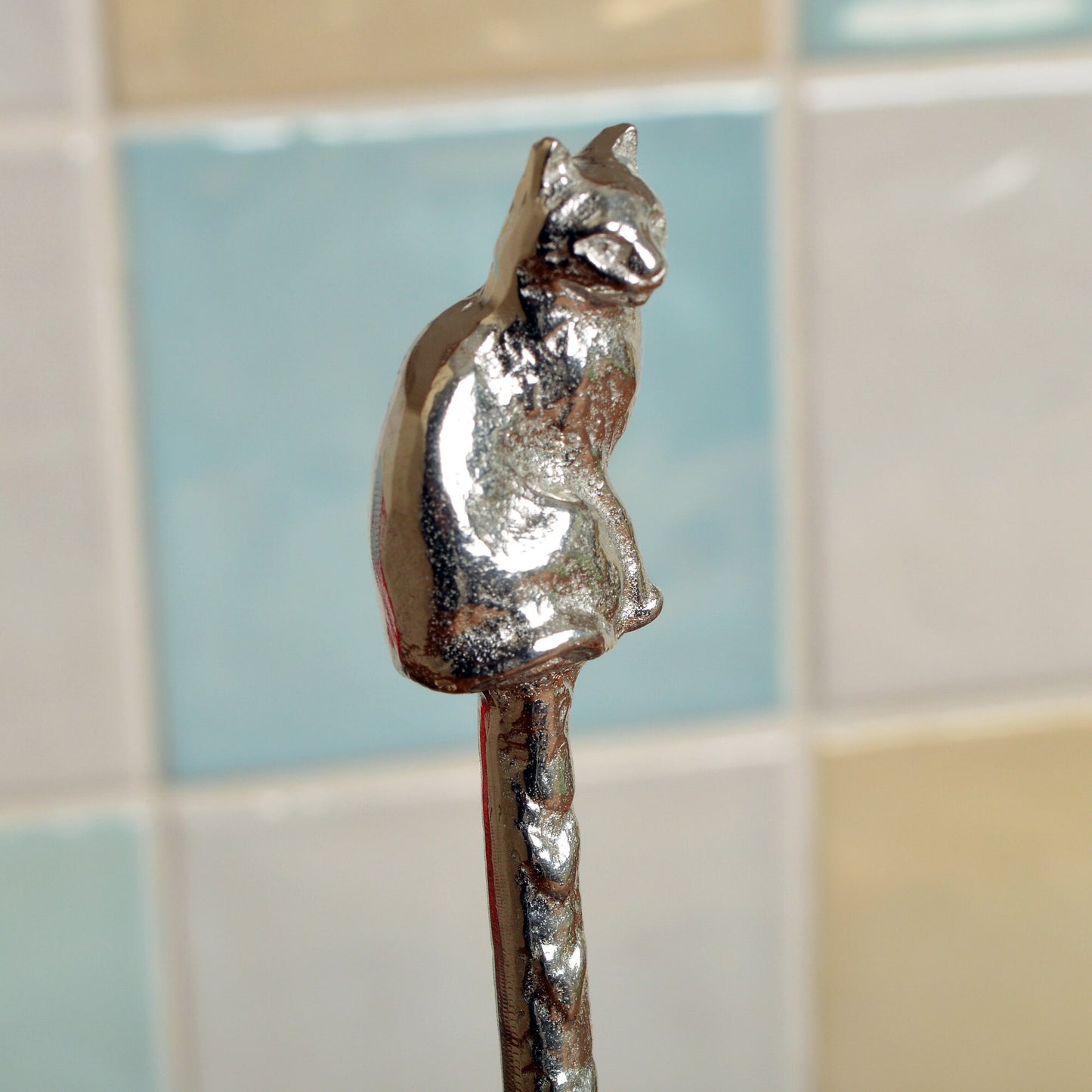 Cat jam jar spoon. A long handled pewter spoon with a hook to hang from any jar with an cat sculpture on the top. Useful, practical gifts to use every day. Cat gifts, gifts for cat lovers, UK handmade