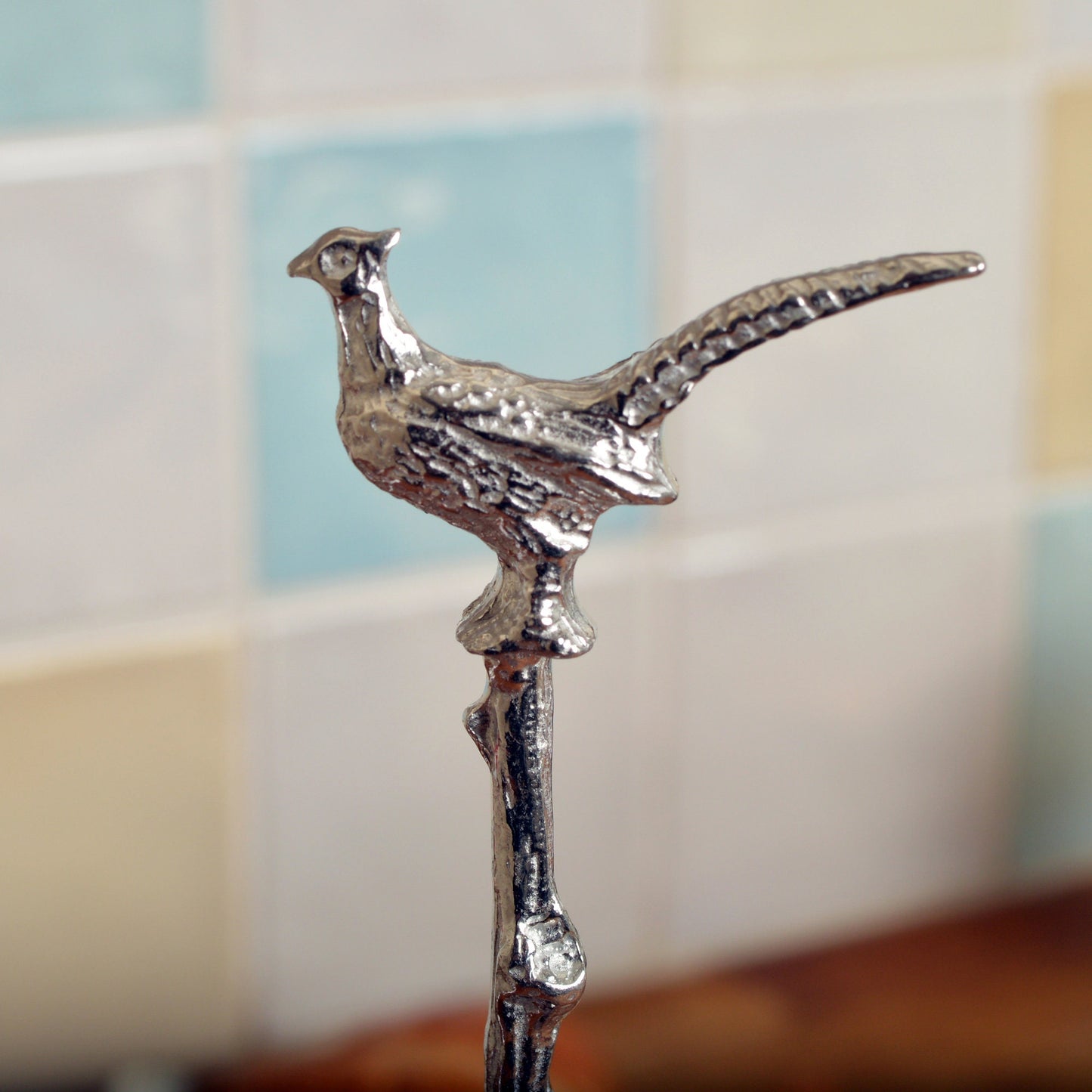 Pheasant jam jar spoon. A long handled pewter spoon with a hook to hang from any jar with a pheasant sculpture on the top. Useful, practical gifts to use every day. Pheasant gifts, gifts for pheasant lovers, shooting gifts, game gifts, country gifts. UK handmade