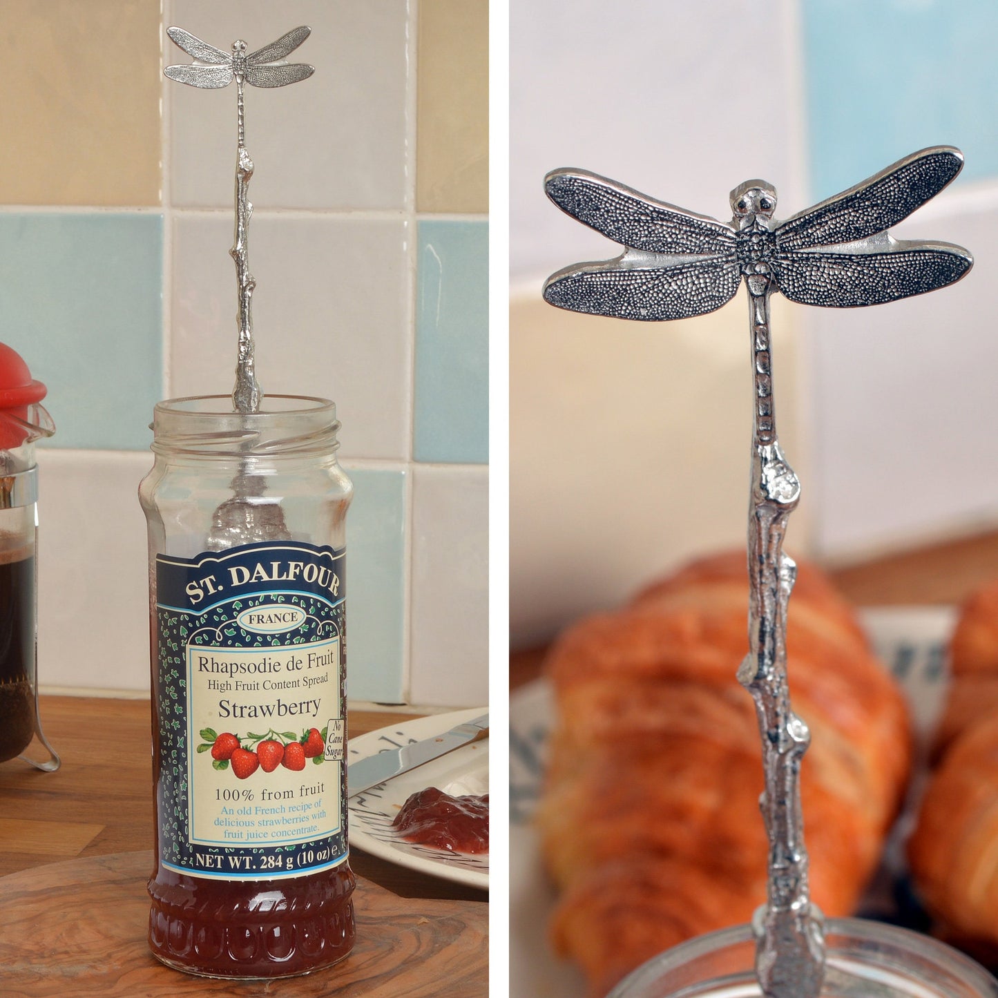 Dragonfly jam jar spoon. A long handled pewter spoon with a hook to hang from any jar with a dragonfly on the top. Useful, practical gifts to use every day. dragonfly gifts, gifts for dragonfly lovers, useful dragonfly gifts UK handmade