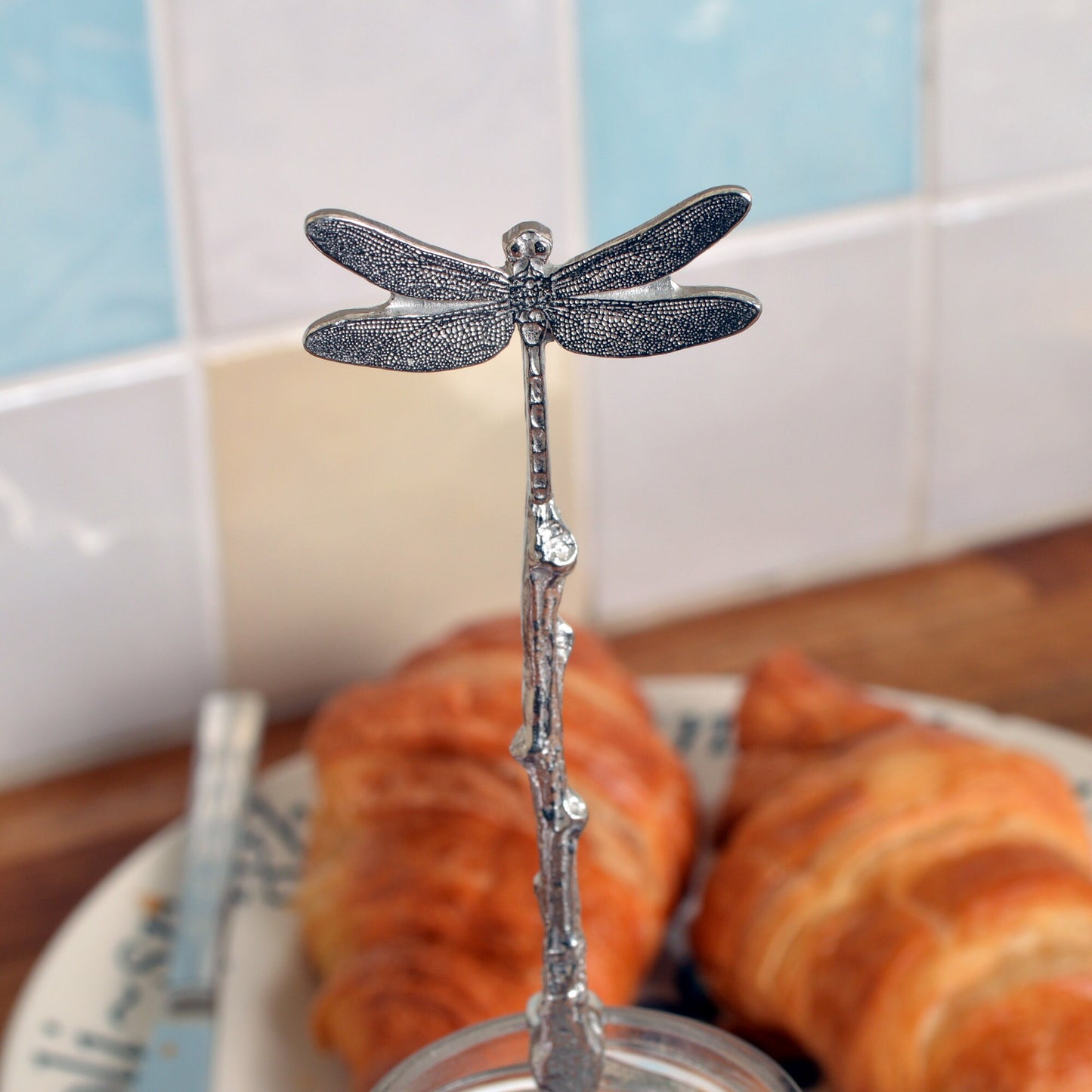 Dragonfly jam jar spoon. A long handled pewter spoon with a hook to hang from any jar with a dragonfly on the top. Useful, practical gifts to use every day. dragonfly gifts, gifts for dragonfly lovers, useful dragonfly gifts UK handmade