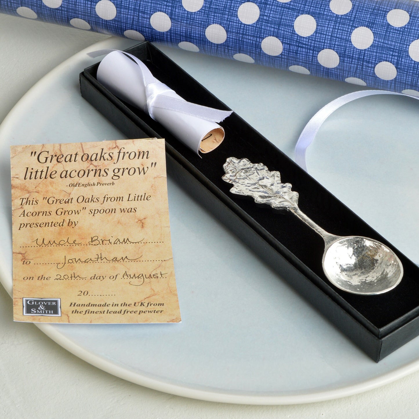 An oak leaf topped pewter spoon with the words 'From little acorns' on the reverse. Christening gifts for boys and girls. UK handmade.