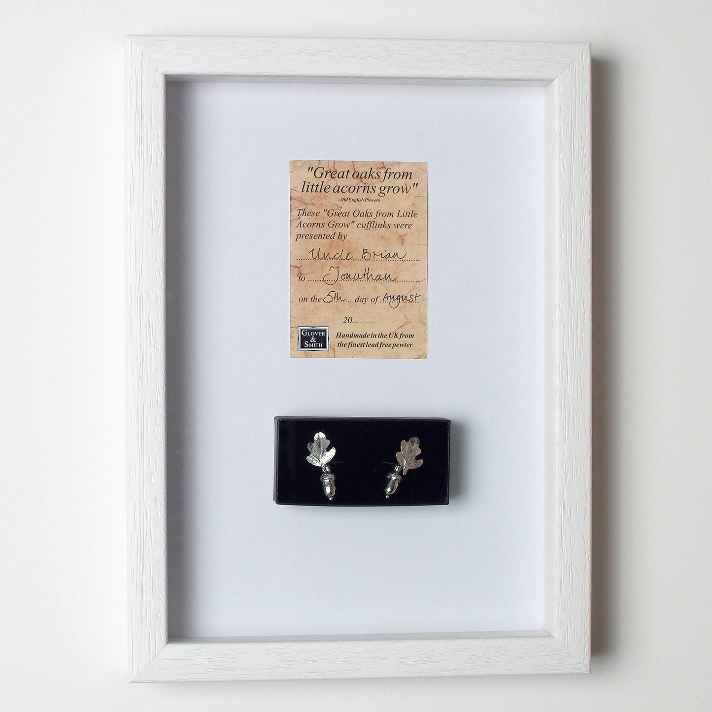 A pair of pewter acorns linked to oak leaves via twig stems make a practical and beautiful cufflinks. 'Great oaks from little acorns grow'. Christening gifts for boys for use in later life. With certificate from giver.