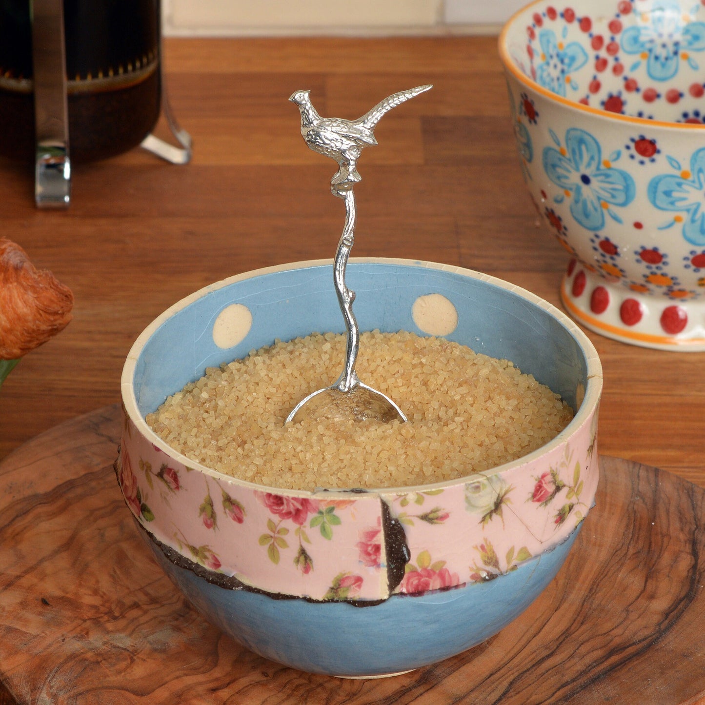 A small spoon pewter sugar spoon with a detailed pheasant on a twig handle. Unusual, useful and tactile gifts for nature lovers, pheasant shooting gifts handmade in the UK useful countryside gifts