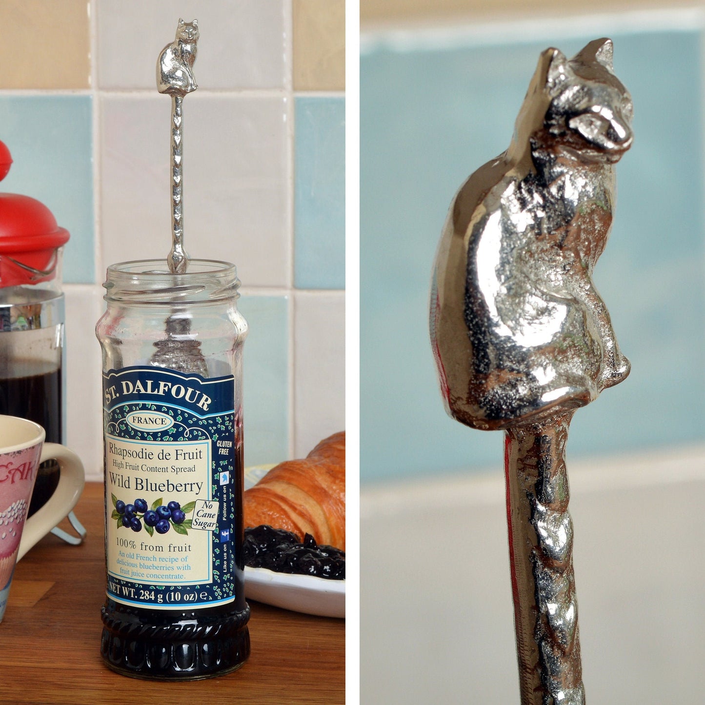 Cat jam jar spoon. A long handled pewter spoon with a hook to hang from any jar with an cat sculpture on the top. Useful, practical gifts to use every day. Cat gifts, gifts for cat lovers, UK handmade
