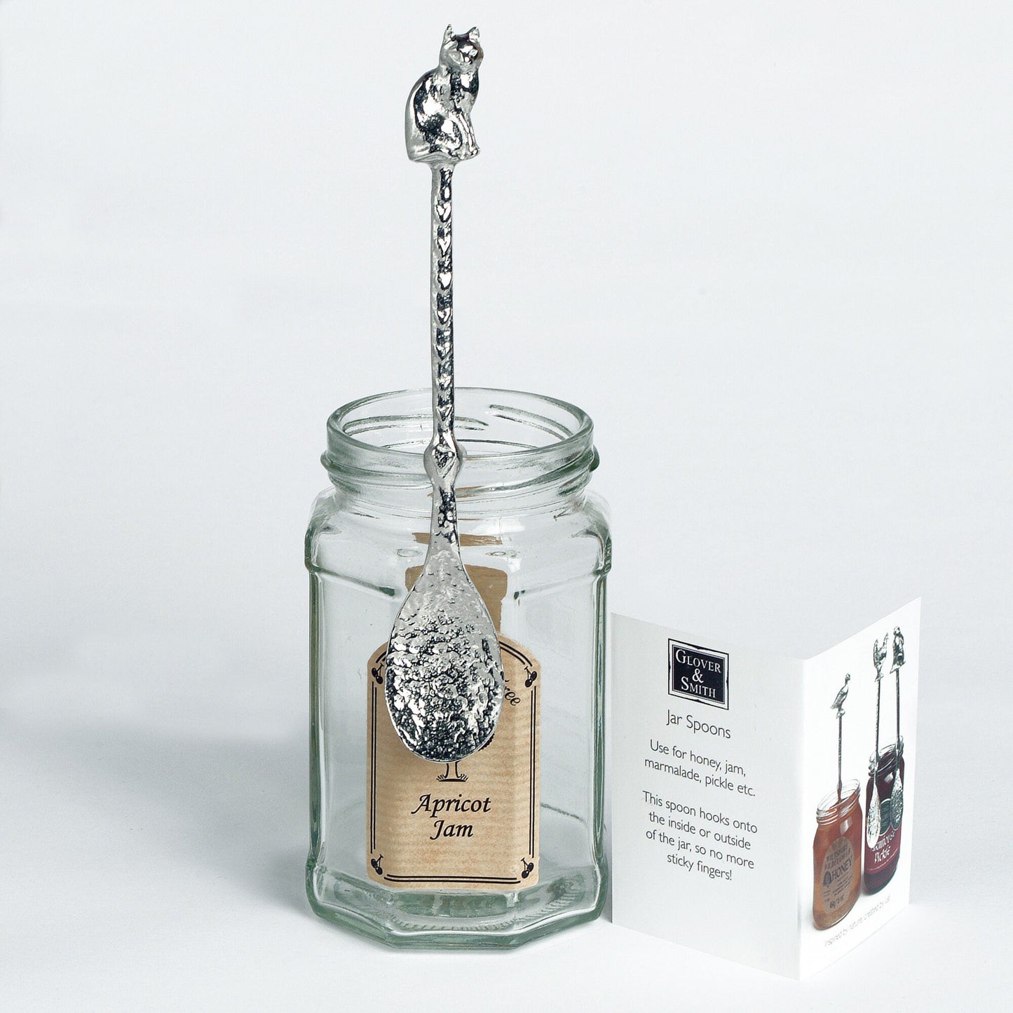Cat jam jar spoon. A long handled pewter spoon with a hook to hang from any jar with an cat sculpture on the top. Useful, practical gifts to use every day. Cat gifts, gifts for cat lovers, UK handmade