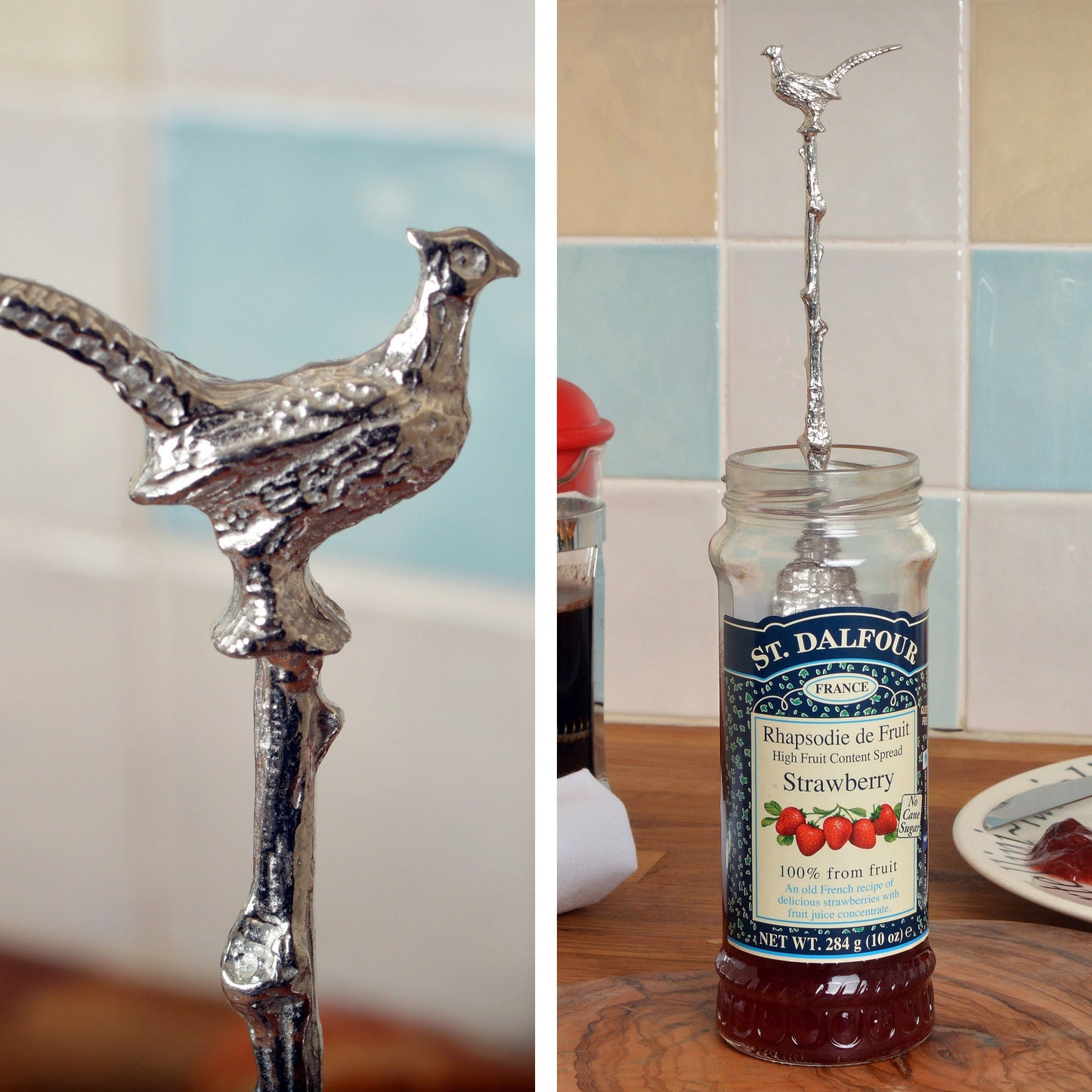 Pheasant jam jar spoon. A long handled pewter spoon with a hook to hang from any jar with a pheasant sculpture on the top. Useful, practical gifts to use every day. Pheasant gifts, gifts for pheasant lovers, shooting gifts, game gifts, country gifts. UK handmade