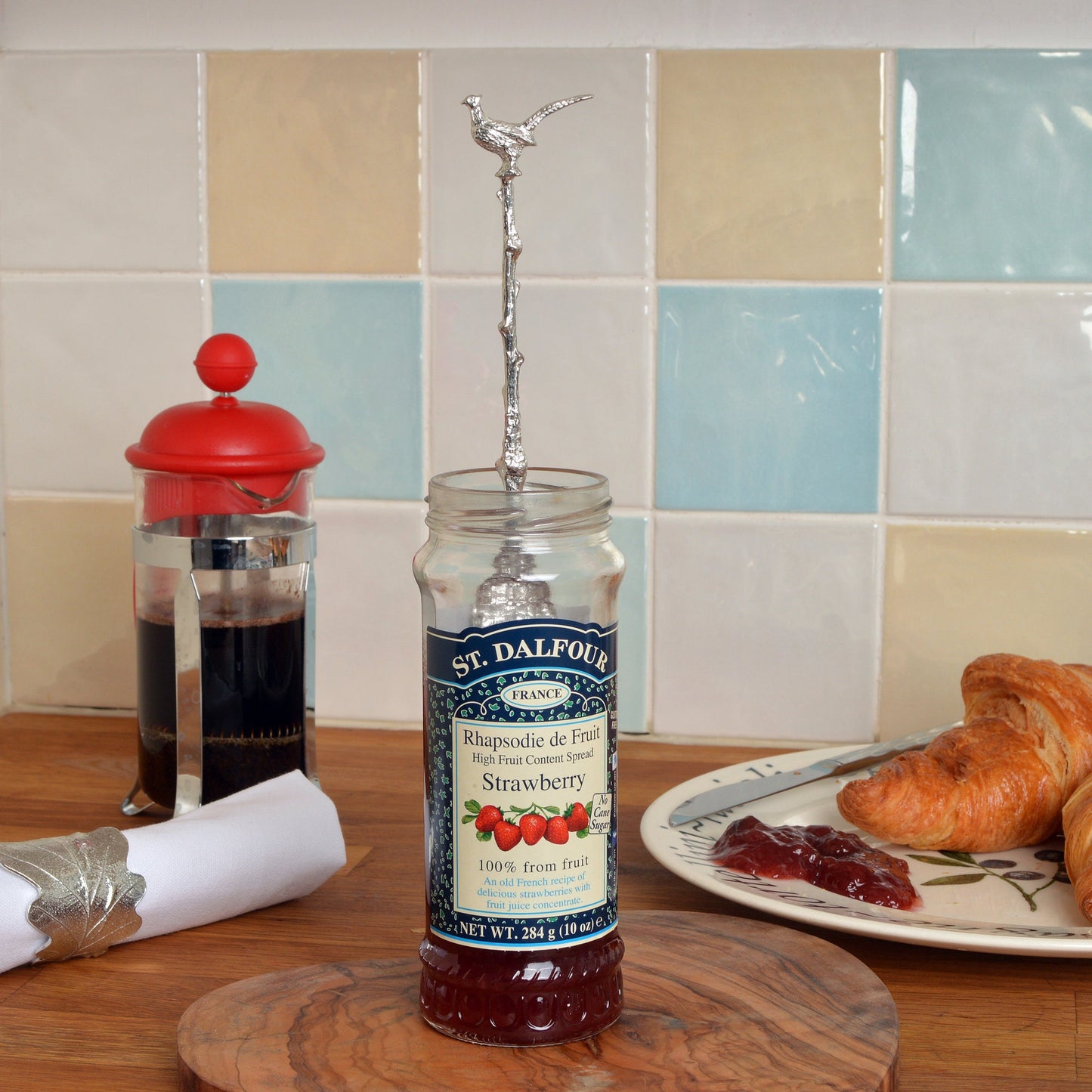 Pheasant jam jar spoon. A long handled pewter spoon with a hook to hang from any jar with a pheasant sculpture on the top. Useful, practical gifts to use every day. Pheasant gifts, gifts for pheasant lovers, shooting gifts, game gifts, country gifts. UK handmade