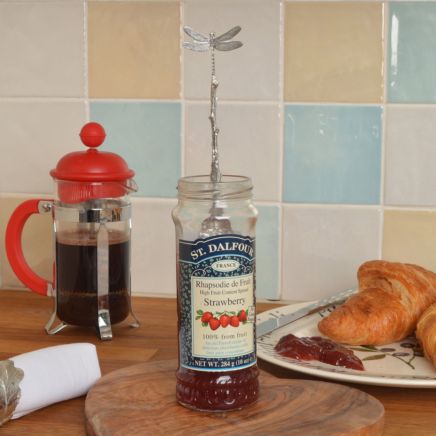 Dragonfly jam jar spoon. A long handled pewter spoon with a hook to hang from any jar with a dragonfly on the top. Useful, practical gifts to use every day. dragonfly gifts, gifts for dragonfly lovers, useful dragonfly gifts UK handmade