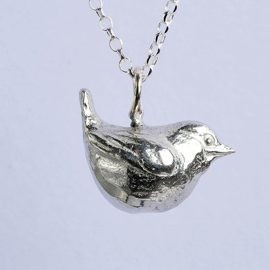 A delicate and detailed pewter wren bird necklace on an 18" Sterling silver chain. Great jewellery gifts for her, bird gifts for bird lovers. The perfect 10th tin 10 year wedding anniversary gift (Our pewter is 95% tin). Made in Britain with love.