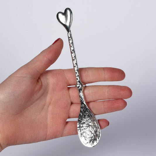 Heart pewter love spoon, a long spoon with a hook for jam jars. An ideal small wedding gift & the perfect 10th (Tin) ten year wedding anniversary gift (Our pewter is 95% tin). Love spoons, love heart spoons handmade in the UK.