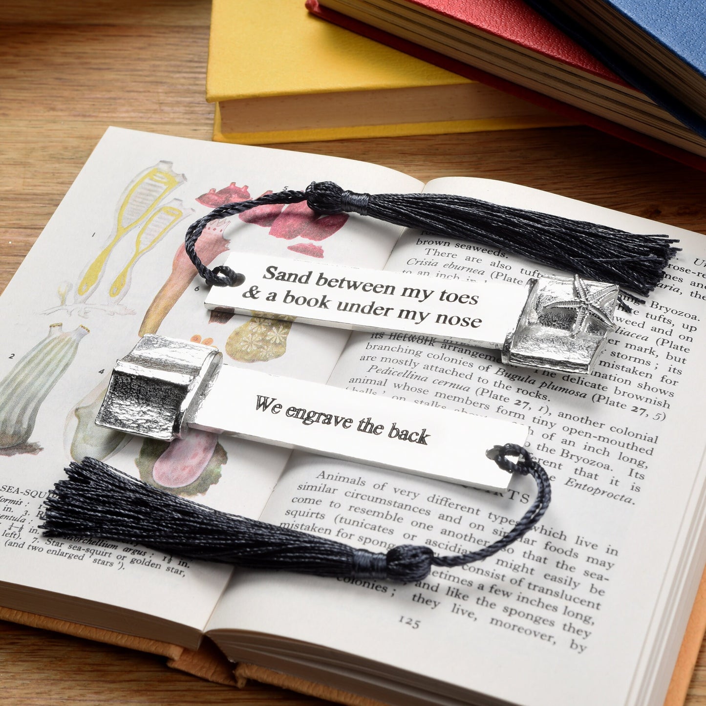 A personalised engraved pewter metal bookmark with a starfish gripping an open book on the top. On the front the quotation 'Sand between my toes & a book under my nose'. We engrave the back with your message. Holiday gifts, personalised gifts