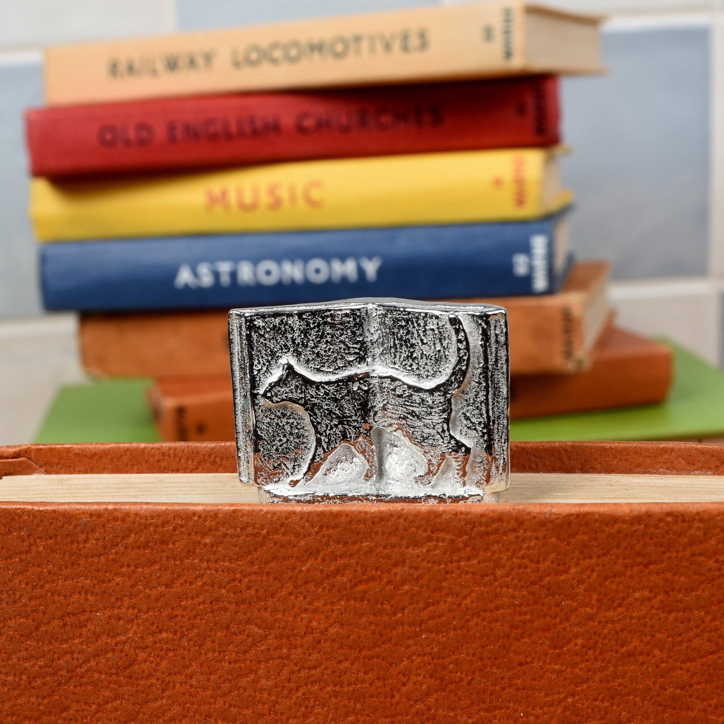 A personalised engraved pewter metal bookmark with a cat silhouette wandering across an open book on the top. On the front the quotation 'A house is not a home without books and cats'. We engrave the back with your message. Gifts for cat lovers, book lovers gifts, cat gifts.