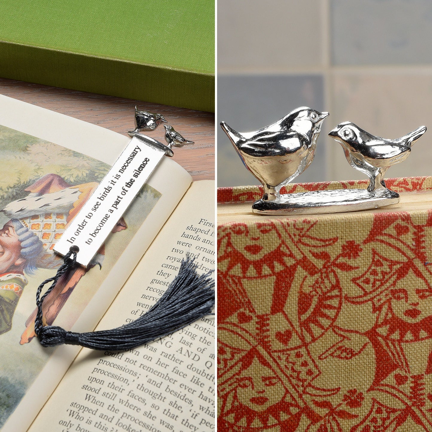A personalised engraved pewter metal bookmark with a wren and a robin on the top. On the front the quotation 'In order to see birds it is necessary to become part of the silence'. We engrave the back with your message. Gifts for bird lovers, book lovers