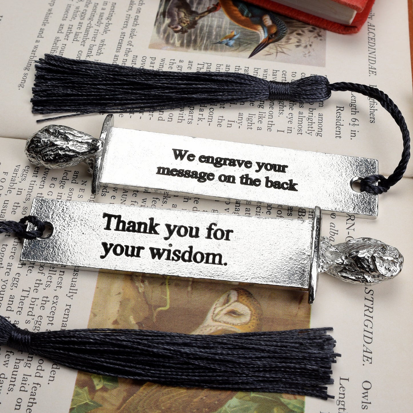 A personalised engraved pewter metal bookmark with a owl sculpture on the top. On the front the quotation 'Thank you for your wisdom'. We engrave the back with your message. Personalised teacher gifts. Thank You Gifts For Teachers