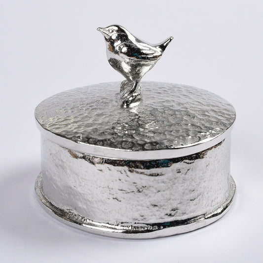 Wren pewter personalised trinket box. Our round wren keepsake box features a Jenny wren sculpture as a handle. The underside of the lid can be engraved with your personalised message.