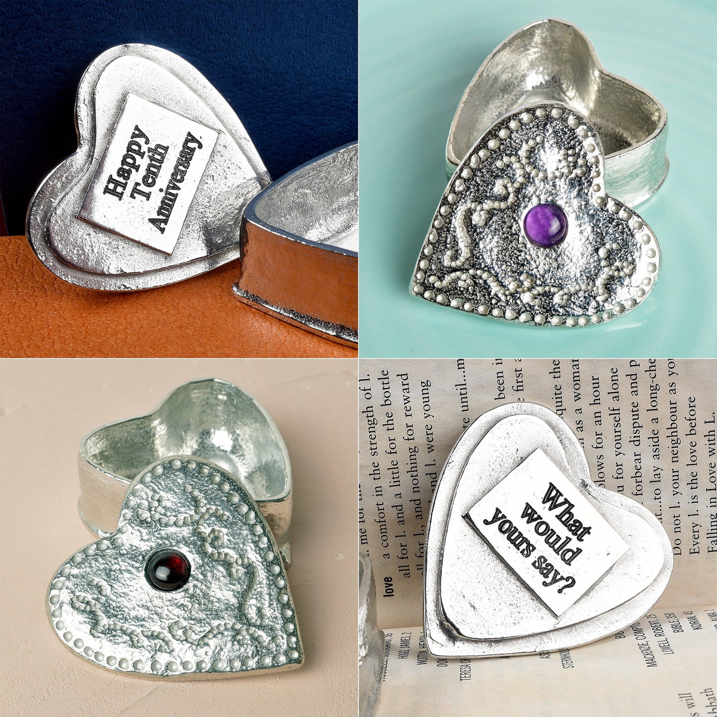A personalised heart shaped pewter keepsake box has an amethyst stone in the middle. The underside of the lid can be engraved with your personalised message. A perfect 10th (Tin) ten year wedding anniversary gift (Our pewter is 95% tin).