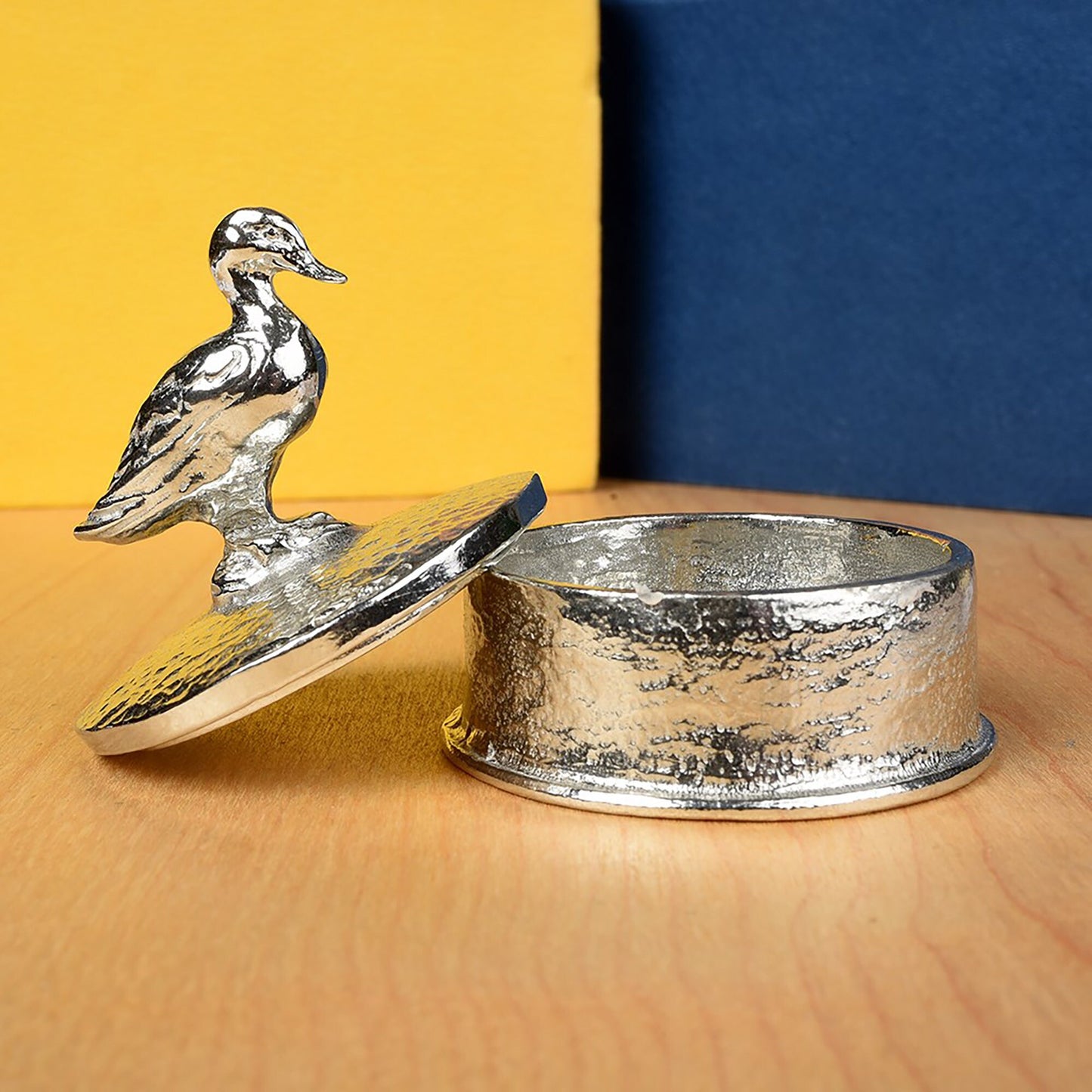 Duck pewter personalised trinket box. Our round  keepsake box features a duck sculpture as a handle. The underside of the lid can be engraved with your personalised message. A perfect 10th (Tin) ten year wedding anniversary gift (Our pewter is 95% tin)