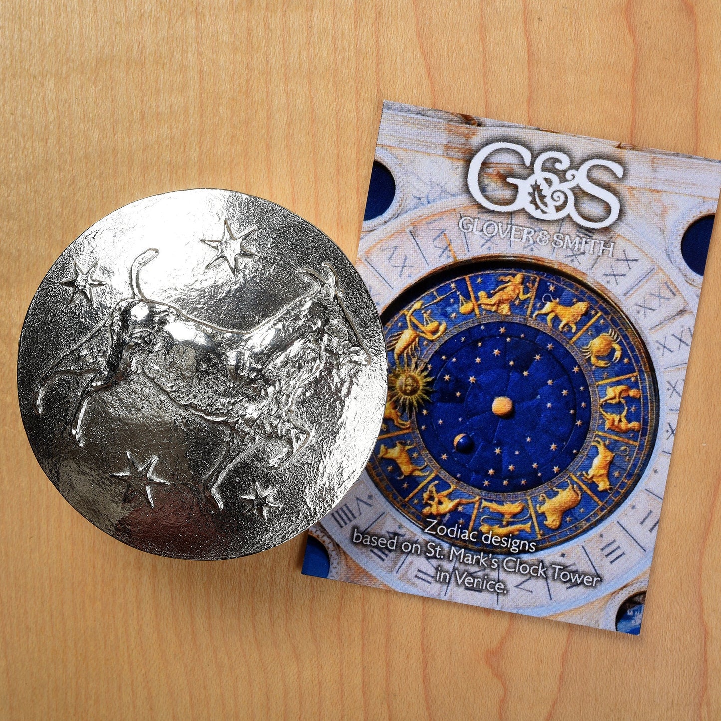 A beautifully detailed and textured Capricorn goat zodiac sign guards precious treasure on this personalised pewter trinket box. The underside of the lid can be engraved with your personalised message. Birthday gifts for Capricorns - made in Britain.