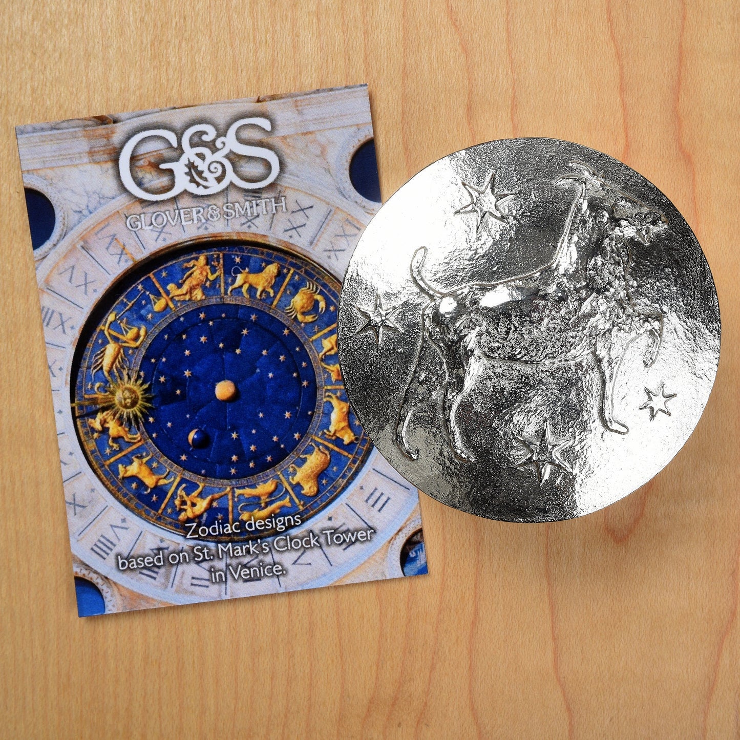 A beautifully detailed and textured Capricorn goat zodiac sign guards precious treasure on this personalised pewter trinket box. The underside of the lid can be engraved with your personalised message. Birthday gifts for Capricorns - made in Britain.