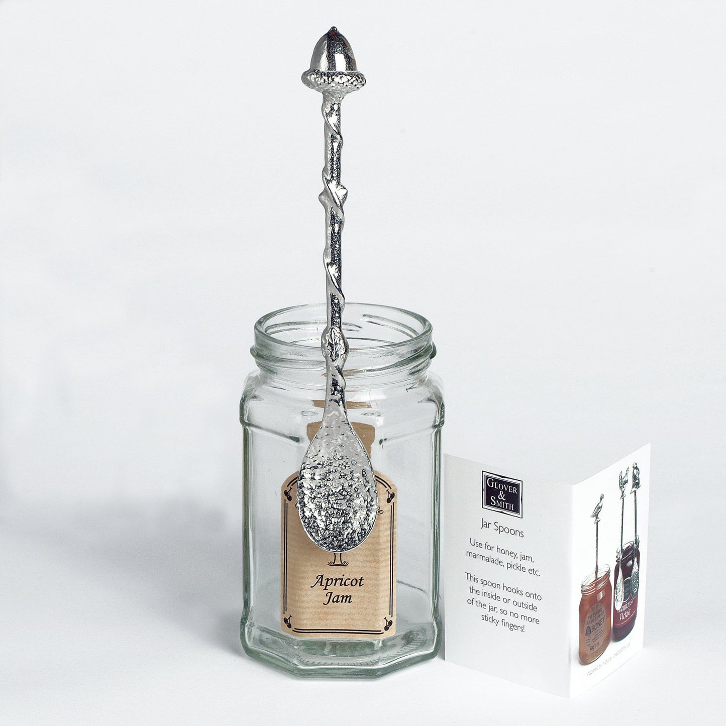 Acorn jam jar spoon. A long handled pewter spoon with a hook to hang from any jar with an acorn on the top. Useful, practical gifts to use every day. Oak and acorn gifts, gifts for nature lovers, from little acorns great oaks grow UK handmade