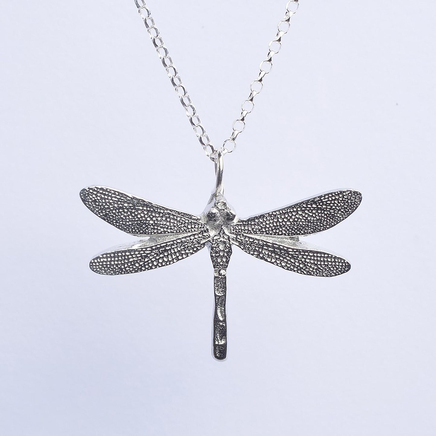 A detailed pewter dragonfly necklace on an 18" Sterling silver chain. Great jewellery gifts for her, dragonfly jewellery gifts for dragonfly lovers. Country gifts. The perfect 10th tin 10 year wedding anniversary gift (Our pewter is 95% tin). Made in Britain with love.
