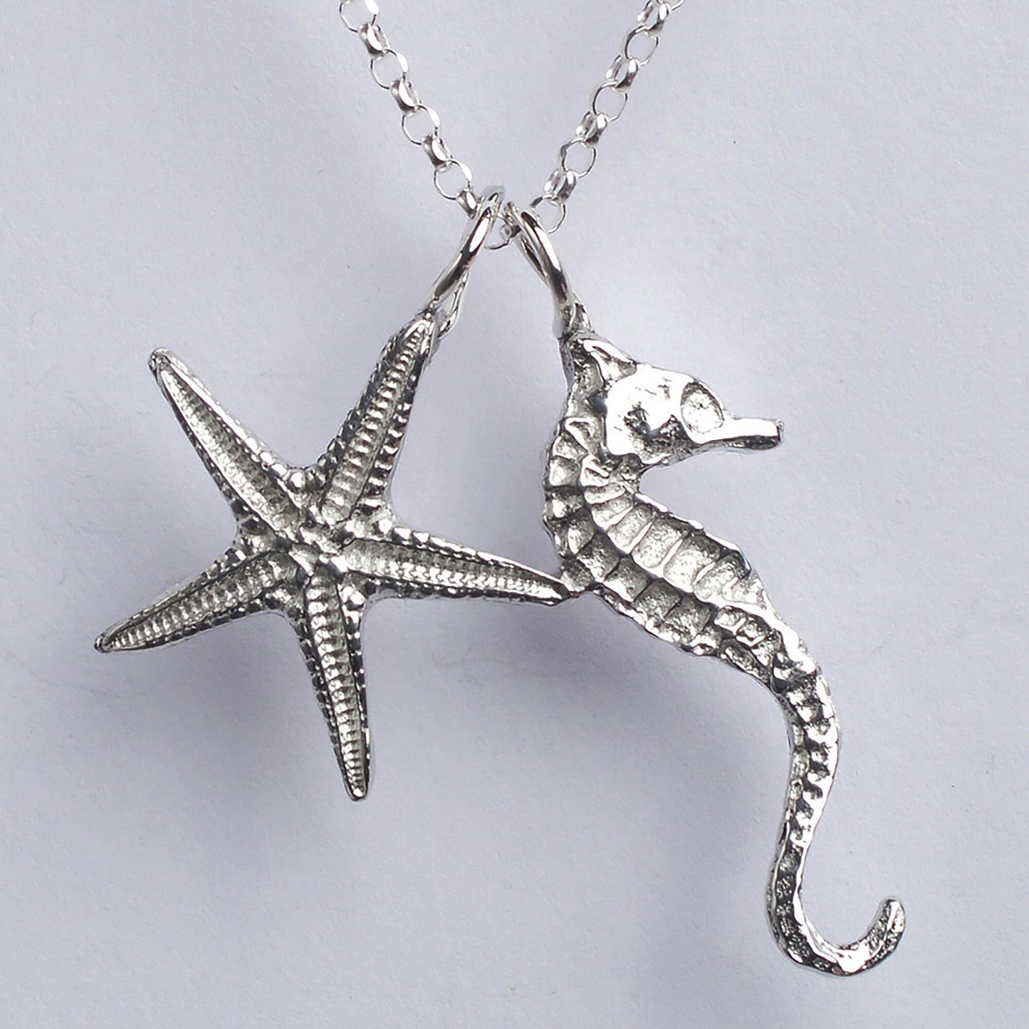A delicate and detailed pewter seahorse and starfish necklace on an 18" Sterling silver chain. Great jewellery gifts for her, nautical gifts for starfish and seahorse lovers. The perfect 10th tin 10 year wedding anniversary gift (Our pewter is 95% tin). Made in Britain with love.