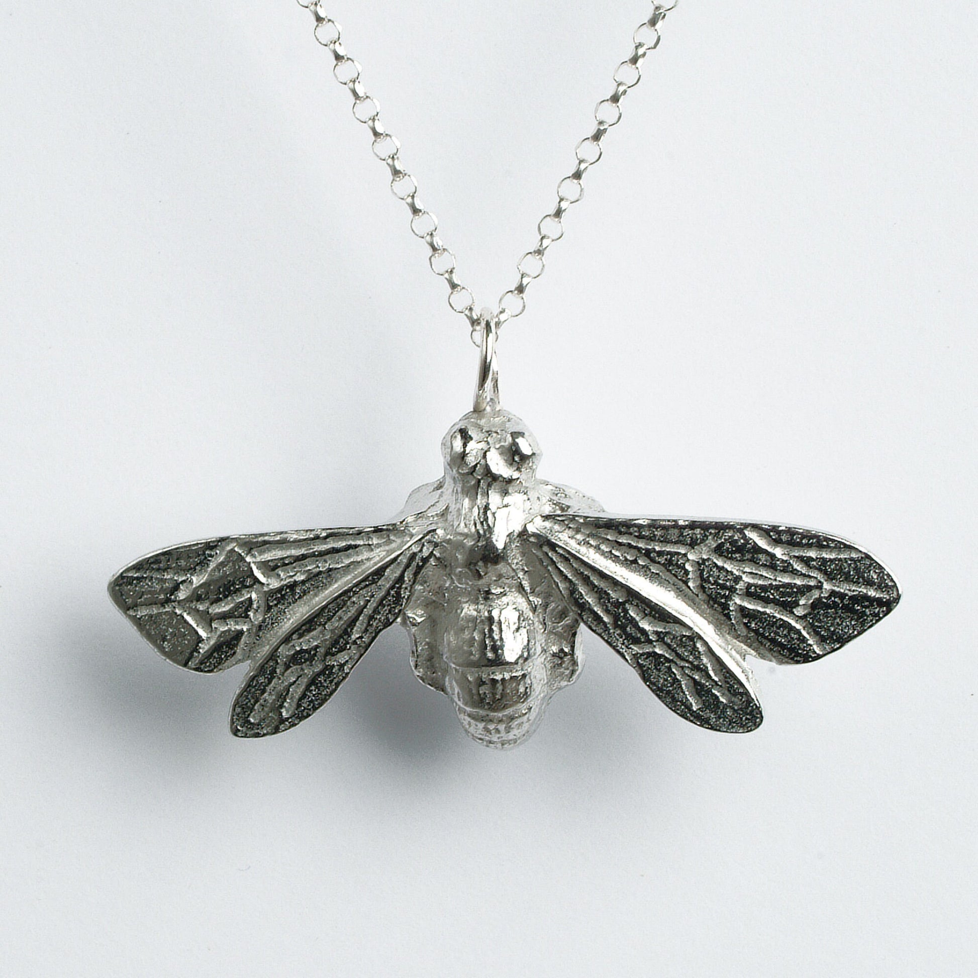 A delicate and detailed pewter larger bee necklace on an 18" Sterling silver chain. Great jewellery gifts for her, bee gifts for bee lovers. The perfect 10th tin 10 year wedding anniversary gift (Our pewter is 95% tin). Made in Britain with love.