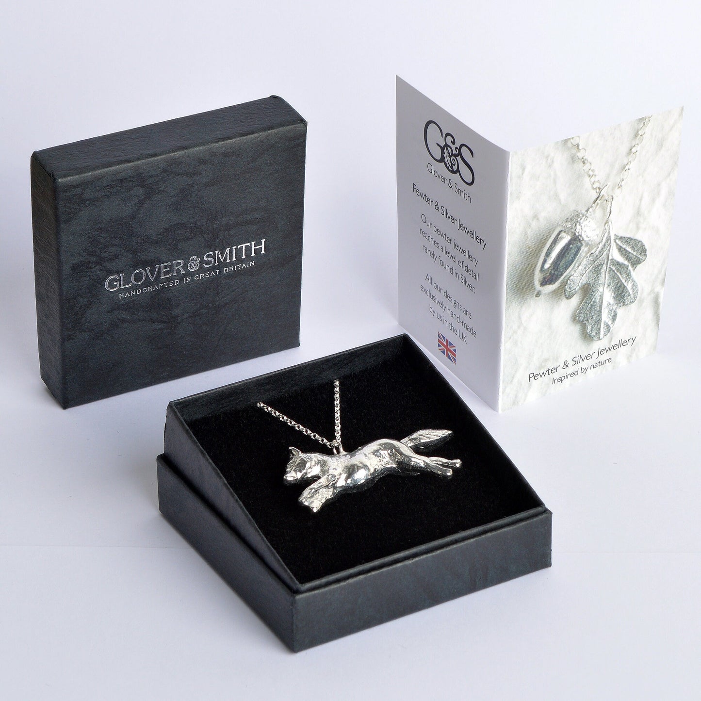 A detailed pewter running fox necklace on an 18" Sterling silver chain. Great jewellery gifts for her, fox gifts for fox lovers. Hunting gifts, country gifts. The perfect 10th tin 10 year wedding anniversary gift (Our pewter is 95% tin). Made in Britain with love.