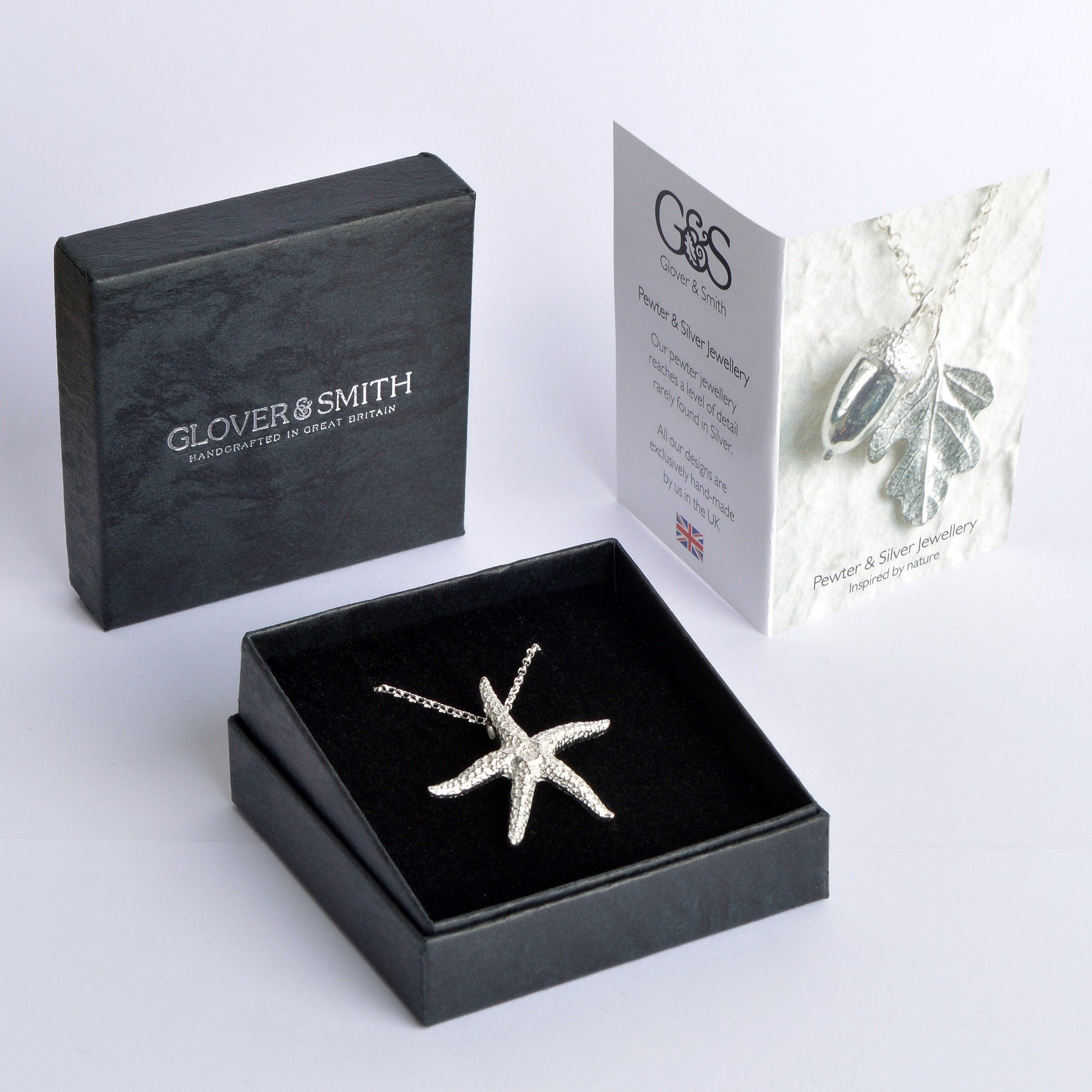 A delicate and detailed pewter starfish necklace on an 18" Sterling silver chain. Great jewellery gifts for her, nautical gifts starfish gifts. The perfect 10th tin 10 year wedding anniversary gift (Our pewter is 95% tin). Made in Britain with love.