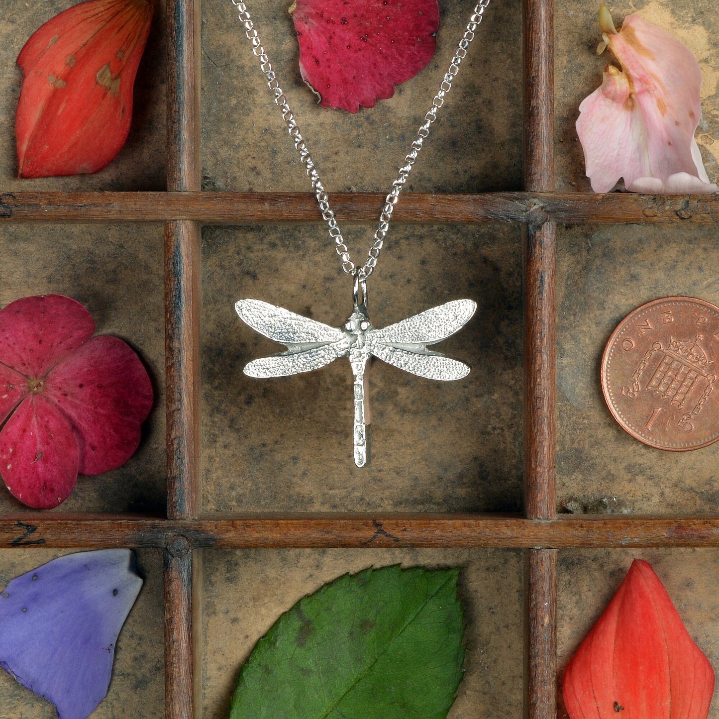 A detailed pewter dragonfly necklace on an 18" Sterling silver chain. Great jewellery gifts for her, dragonfly jewellery gifts for dragonfly lovers. Country gifts. The perfect 10th tin 10 year wedding anniversary gift (Our pewter is 95% tin). Made in Britain with love.