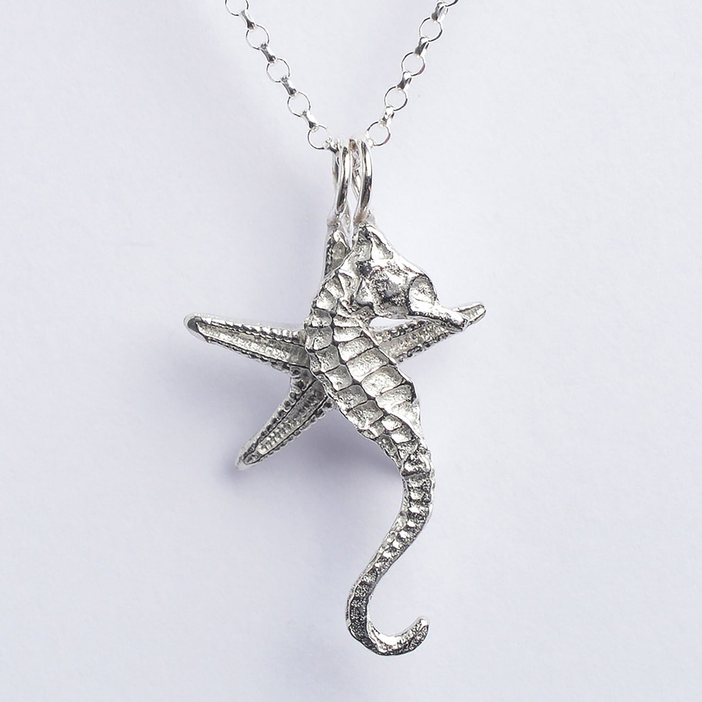 A delicate and detailed pewter seahorse and starfish necklace on an 18" Sterling silver chain. Great jewellery gifts for her, nautical gifts for starfish and seahorse lovers. The perfect 10th tin 10 year wedding anniversary gift (Our pewter is 95% tin). Made in Britain with love.