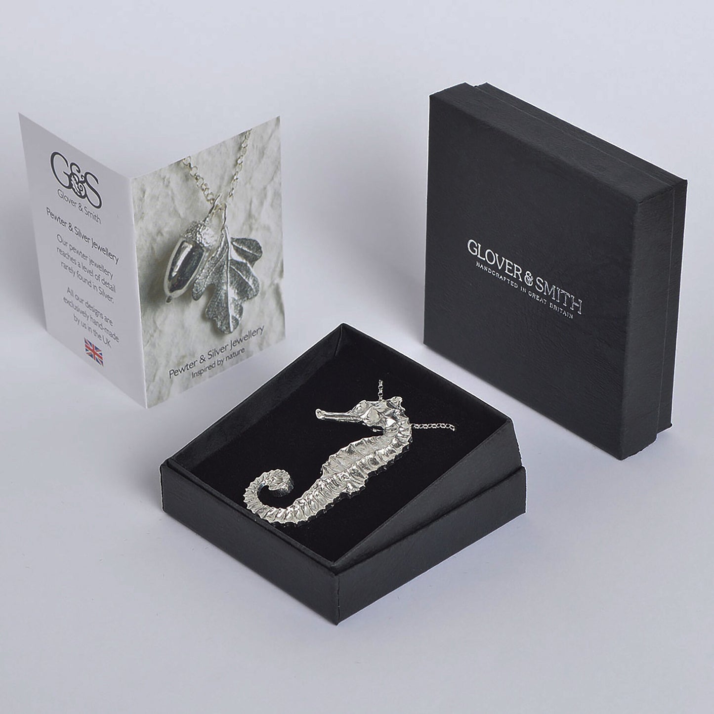 A delicate and detailed pewter seahorse necklace on an 18" Sterling silver chain. Great jewellery gifts for her, nautical gifts for seahorse lovers. The perfect 10th tin 10 year wedding anniversary gift (Our pewter is 95% tin). Made in Britain with love.