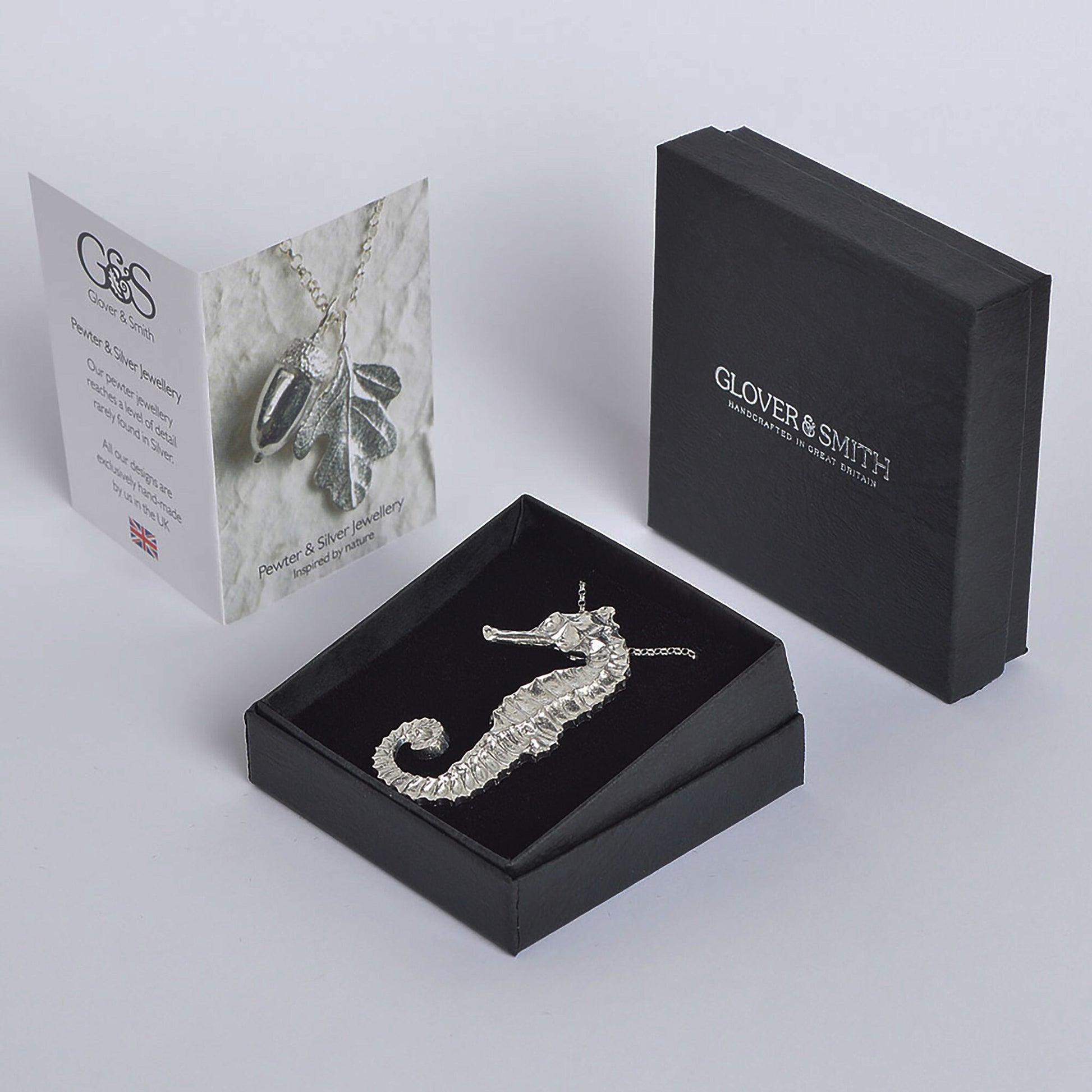 A delicate and detailed pewter seahorse necklace on an 18" Sterling silver chain. Great jewellery gifts for her, nautical gifts for seahorse lovers. The perfect 10th tin 10 year wedding anniversary gift (Our pewter is 95% tin). Made in Britain with love.